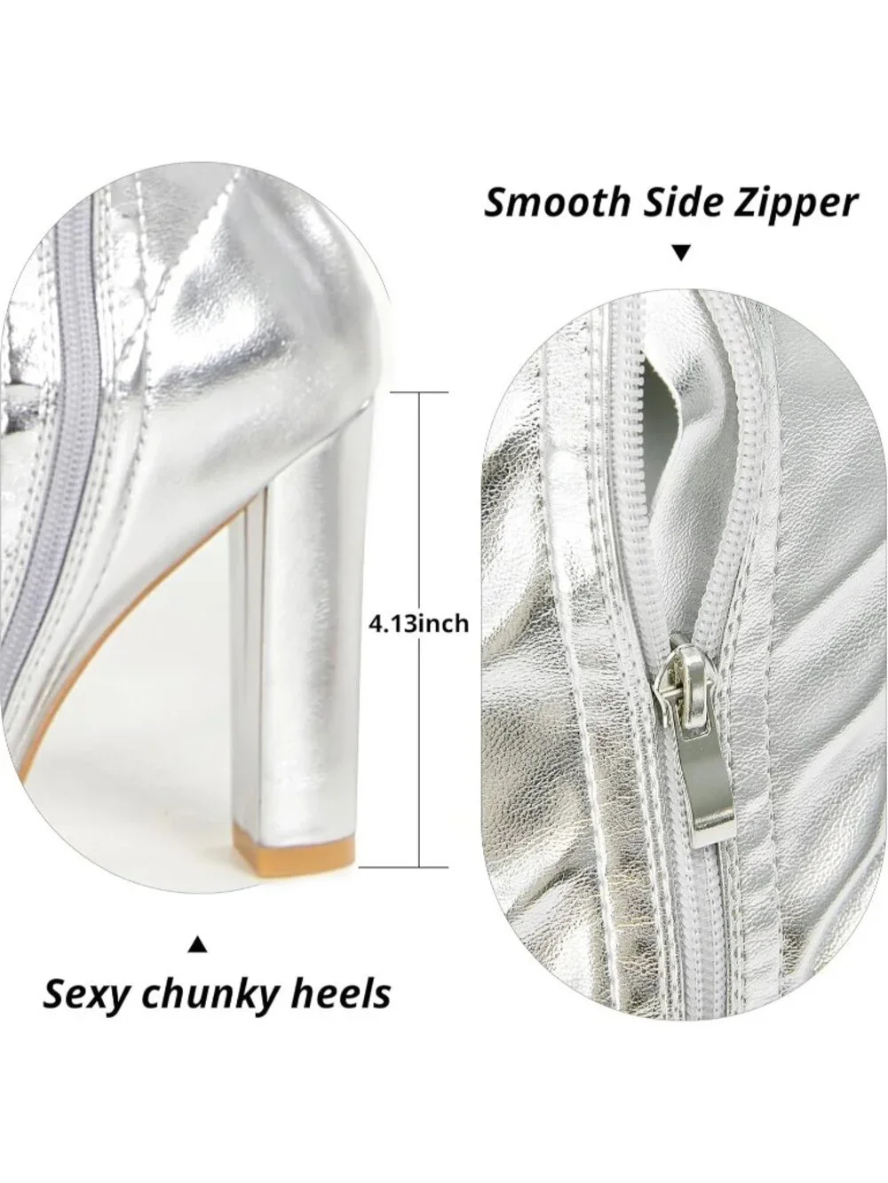Women's Silver Pointed Toe Chunky Heel Patent Leather Over The Knee High Boots